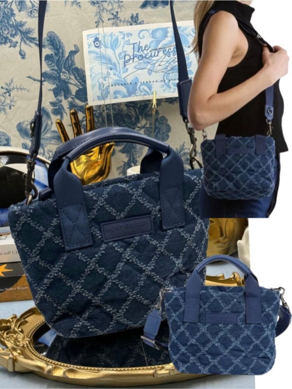🆕 KURT GEIGER LONDON 🧿 NWOT XS Denim Quilted Mini Shopper Bag